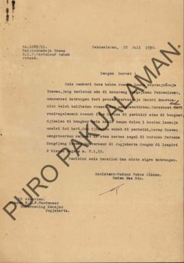 Surat dari Asisten Wedono Pakualaman Raden Mas Rio kepada Tuan E.L.F. Wardenaar, perihal rumahnya...