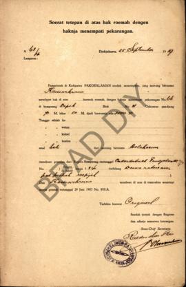 Surat ketetapan di atas hak rumah dengen haknya menempati pekarangan dari Pamarentah di Kadipaten...