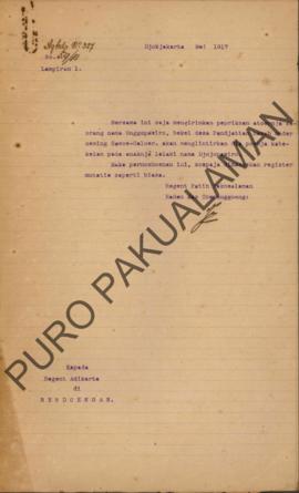Surat dari Regent Patih Pakualaman Raden Mas Toemenggoeng kepada Regent Adikarto di Bendongan per...