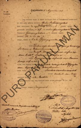 Surat izin dari Regent Patih Pakualaman memberikan izin kepada Ngabei Relesoprajitno di Kampung G...
