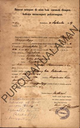 Surat Ketetapan diatas hak rumah dengan haknya menempati pekarangan dari Pemerintah Kadipaten Pak...