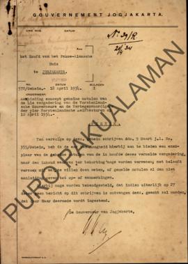 Surat No.572/Geheim dari Gubernur Yogyakarta kepada Kepala Pakualaman perihal penawaran konsep no...