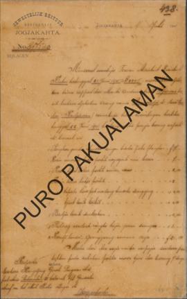 Surat Pemberitahuan dari Asisten Resident Klaten kepada Pakualaman VI tanggal 28 Juni 1901. Tenta...