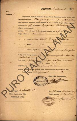 Surat izin dari Regent Patih Pakualaman memberikan izin kepada Karijoredjo Kampung Jagalan yang a...