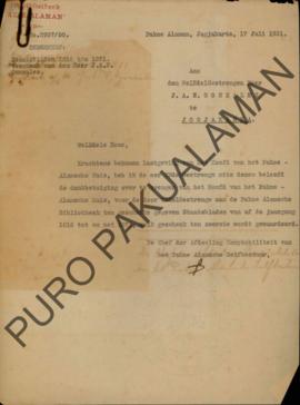 Surat dari Bagian Pertanggungjawaban Pakualaman, untuk Tuan J.A.E. Gonzales di Jogjakarta tentang...