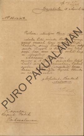 Surat No.3649/35a dari Assistant Resident Mataram kepada Regent Patih Pakualaman, perkara mencari...