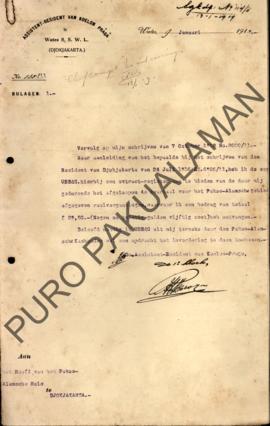 Surat dari Assistent Resident di Kulonproga untuk Pakualaman di Jogjakarta tentang ketentuan sura...