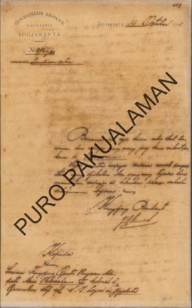 Surat Turunan dari Asisten Randent di Purworejo tanggal 9 Oktober 1901 kepada Pakualaman VI tenta...