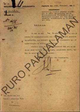 Surat dari Gubernur Jogjakarta kepada Kepala Pakulaman perihal menawarkan konsep notulen rahasia ...