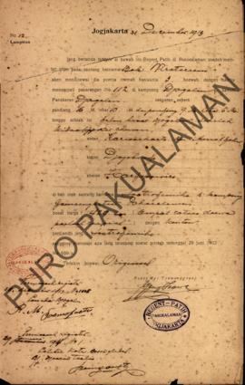 Surat izin dari Regent Patih Pakualaman memberikan izin kepada Bok Wirotaroeno di Kampung Jagalan...