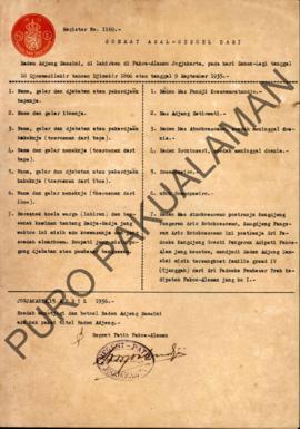 Surat asal usul dari Raden Adjeng Samsiwi yang dilahirkan di Pakualaman pada 9 September 1935, ia...