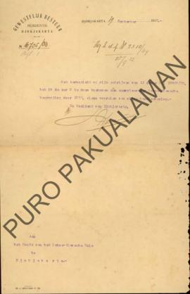 Surat dari Het Hoofd Pakoe Alamsche Huis Pangeran Adipati Ario Praboe kepada Resident Yogyakarta,...