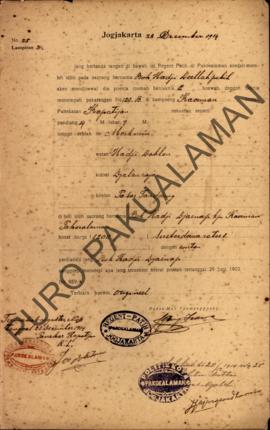 Surat dari Regent Patih Pakualaman memberikan izin menjual rumah kepada Bok Hadji Doellah Joekih ...