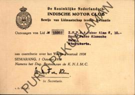 Kartu tanda bukti keanggotaan Club Motor (De Koninklijke Nederlandsch Indische Motor Club) atas n...
