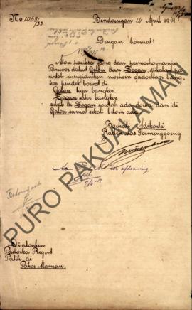 Surat No.1068/33 dari Bupati Adikarto Raden Mas Tumenggung Martosoebroto kepada Paduka Regent Pat...