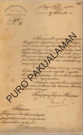Surat kepada Pangeran Aryo Sosroningrat dari Kanjeng Tuan Resident tanggal 29 Nopember 1902 tenta...