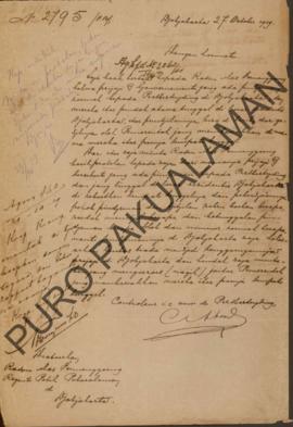 Surat No.2795/PB yang ditujukan kepada Raden Mas Tumenggung Regent Patih Pakualaman di Djogjakart...