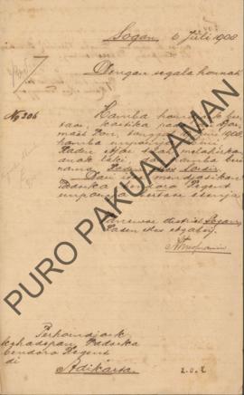 Surat No.206 dari Panewu Districk Sogan Raden Mas Ngabehi Atmoprawiro tertunjuk kepada Paduka Ben...