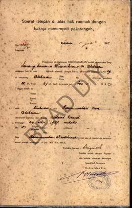Surat ketetapan di atas hak rumah dengan haknya menempati pekarangan dari Pemerintah  di Kadipate...