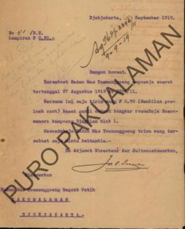 Surat dari Regent Patih PA kepada Asisten Residen Yogyakarta No.1536/ii, surat balasan No.6473/33...