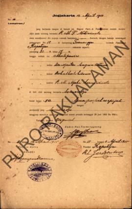 Surat izin dari Regent Patih Pakualaman memberikan izin kepada R.M.P. Notowinoto di Kampung Purwa...