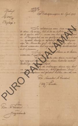 Surat yang dikirimkan kepada Den Resident Van Jogjakarta dari De Assistent Resident No.1827/19, p...