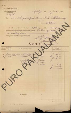 Nota dari Agen Bank Jawa kepada yang terhormat P.A Notodierodjo No.83/358, perihal nota tagihan g...