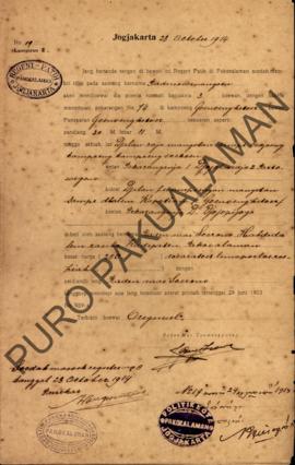 Surat izin dari Regent Patih Pakualaman memberikan izin kepada Padmowinangoen di Kampung Gunung K...