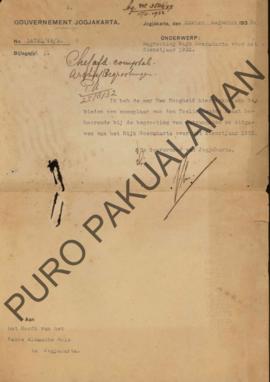 Surat dari Gubernur Yogyakarta kepada Het Hoofd Pakoe Alamsche Huis No.14721/49/S, perihal penawa...