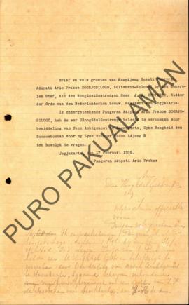 Surat dari Pangeran Adipati Ario Praboe untuk J.R Couperus tentang Raden Adjeng R meminta untuk m...