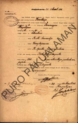 Surat izin dari Regent Patih Pakualaman memberikan izin kepada Resodhrijo di Purwanggan yang akan...