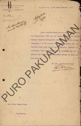 Surat dari De Wde Landbouwleeraar untuk sang Pangeran di Jogjakarta No.344, perihal menyatakan pe...