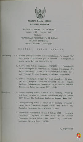Instruksi Menteri Dalam Negeri Nomor: 18 Tahun 1993 tentang Pelaksanaan Penataran P4 di daerah se...
