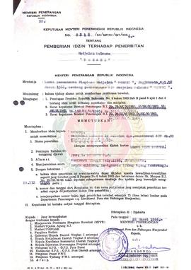 Keputusan Menteri Penerangan Republik Indonesia Nomor : 0218/SK/DPHM/SIT/1966 tentang pemberian i...