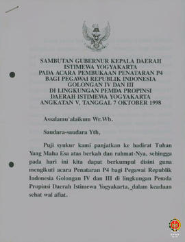 Sambutan Gubernur Kepala Daerah Istimewa Yogyakarta pada acara pembukaan Penataran P4 bagi Pegawa...