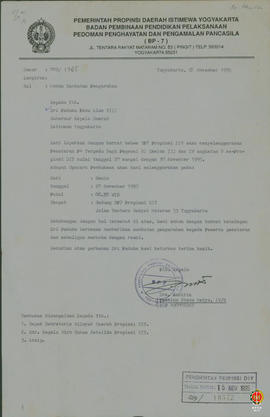 Surat dari Kepala BP7 kepada Sri Paduka Paku Alam VIII Gubernur Kepala Daerah Istmewa Yogyakarta ...