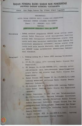 Surat rekomendasi Ketua Badan Pembina Radio Siaran Non Pemerintah Provinsi Daerah Istimewa Yogyak...