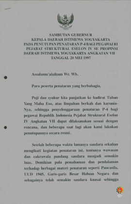 Teks Sambutan Gubernur Kepala Daerah Istimewa Yogyakarta pada penutupan penataran P4 bagi pegawai...