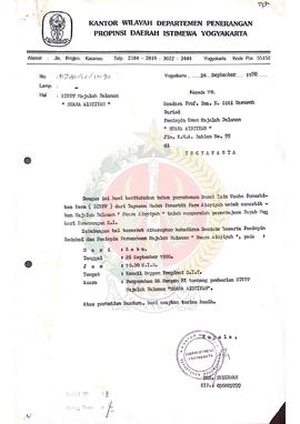 Surat dari Kepala Kantor Wilayah Departemen Penerangan Daerah Istimewa Yogyakarta kepada Prof. Dr...