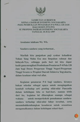 Sambutan Gubernur Kepala Daerah Istimewa Yogyakarta pada pembukaan penataran P4 pola 120 jam bagi...