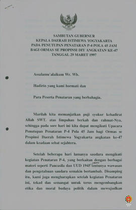Teks Sambutan Gubernur Kepala DIY pada Penutupan Penataran P4 Pola Pendukung 45 Jam bagi Organisa...