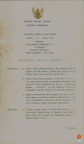 Instruksi Menteri Dalam Negeri No. 9 Tahun 1991 tentang pelaksanaan penataran P4 di daerah seluru...