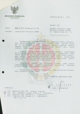 Surat dari Direktur Pembinaan Pers kepada Kepala Umum Majalah SISWA Yogyakarta perihal permintaan...