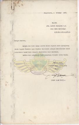 Surat dari Paku Alam VIII (ketua Yayasan Rarajongrang) kepada Letkol Sujana A.J Wlikotamadya Yogy...
