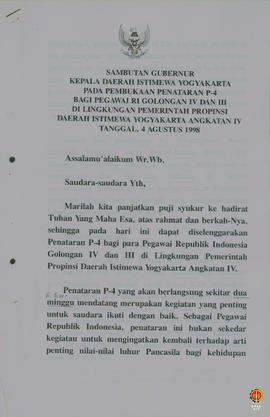 Sambutan Gubernur Kepala Daerah Istimewa Yogyakarta pada Pembukaan Penataran P4 bagi Pegawai RI G...