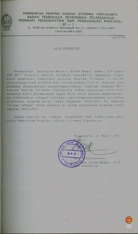 Laporan tahunan BP 7 Provinsi Daerah Istimewa Yogyakarta Tahun Anggaran 1992/1993