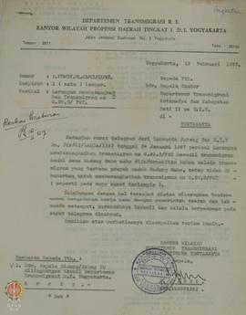 Surat dari Kepada Kantor Wilayah Departemen Transmigrasi Daerah Istimewa Yogyakarta kepada Kepala...