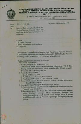 Berkas surat dari BP-7 Propinsi DIY tentang laporan lomba Pemasyarakatan dan Pembudayaan P-4 (P2P...