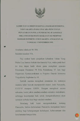 Teks Sambutan Gubernur Kepala DIY pada Upacara Penutupan Penataran P4 Pola Pendukung 45 Jam bagi ...