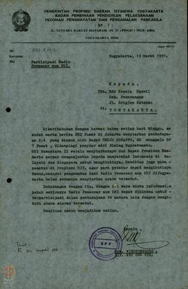 Surat dari BP-7 Propinsi DIY tertanggal 19 Maret 1991 tentang pemberitahuan partisipasi Radio Pem...